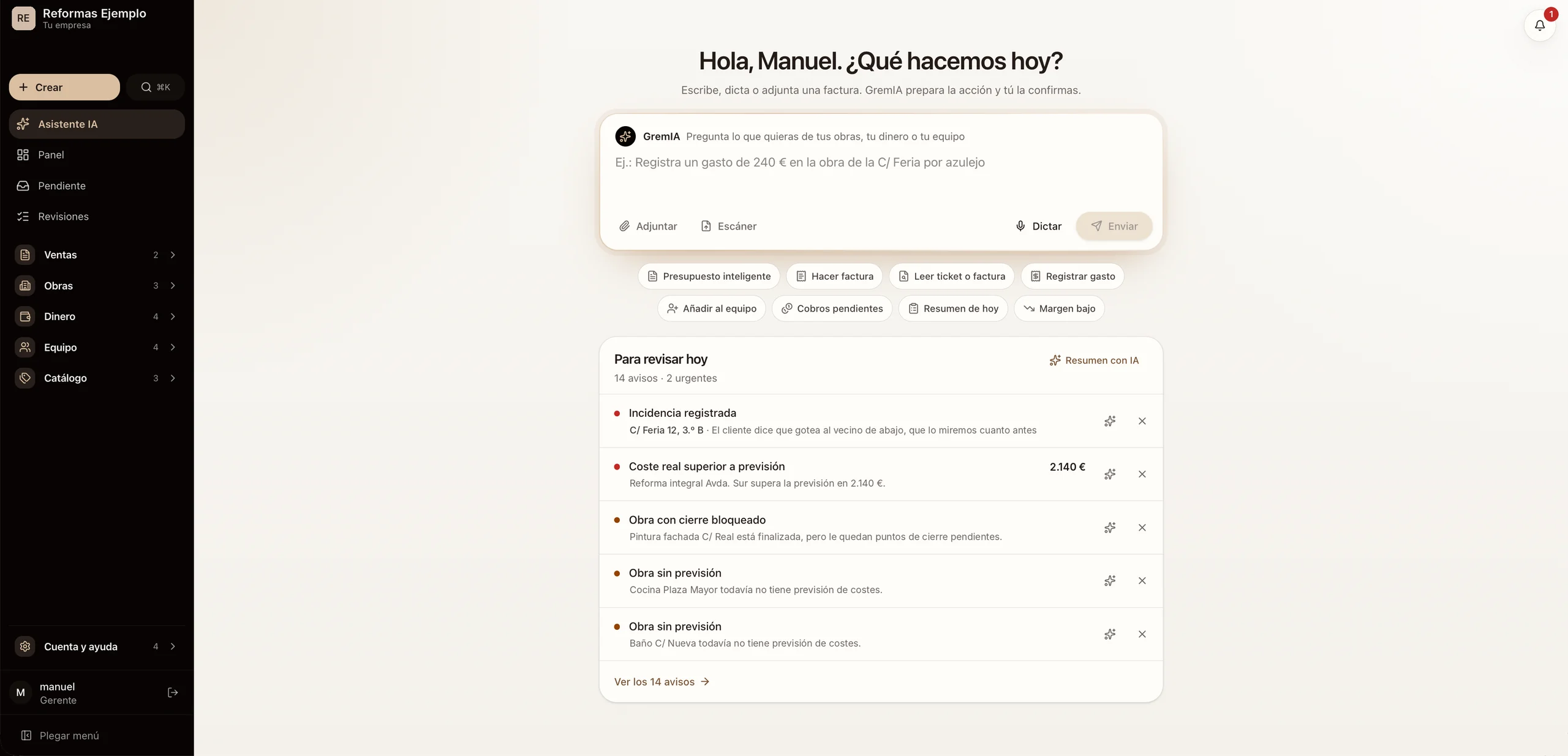Pantalla de inicio de GremIA: «¿Qué hacemos hoy?», una caja para escribir o dictar y los avisos del día