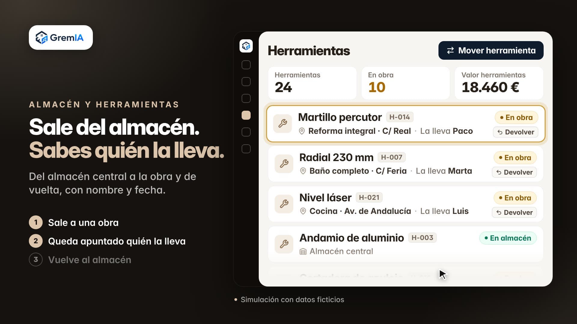 Pantalla de herramientas de GremIA con cada máquina, la obra donde está y quién la lleva. Simulación con datos ficticios.