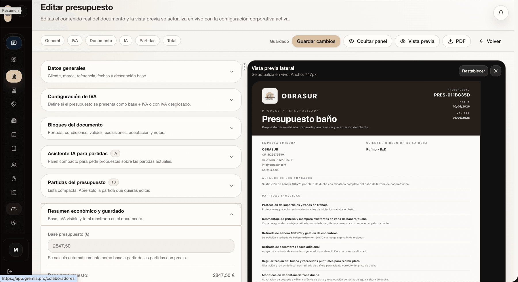 Editor de presupuesto de GremIA con vista previa lateral en vivo