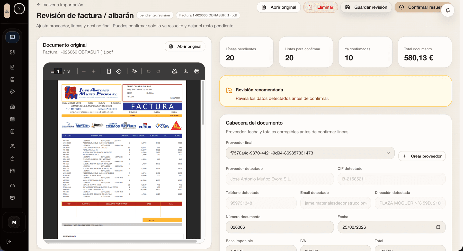 Revisión de factura con OCR, proveedor, líneas y total en GremIA