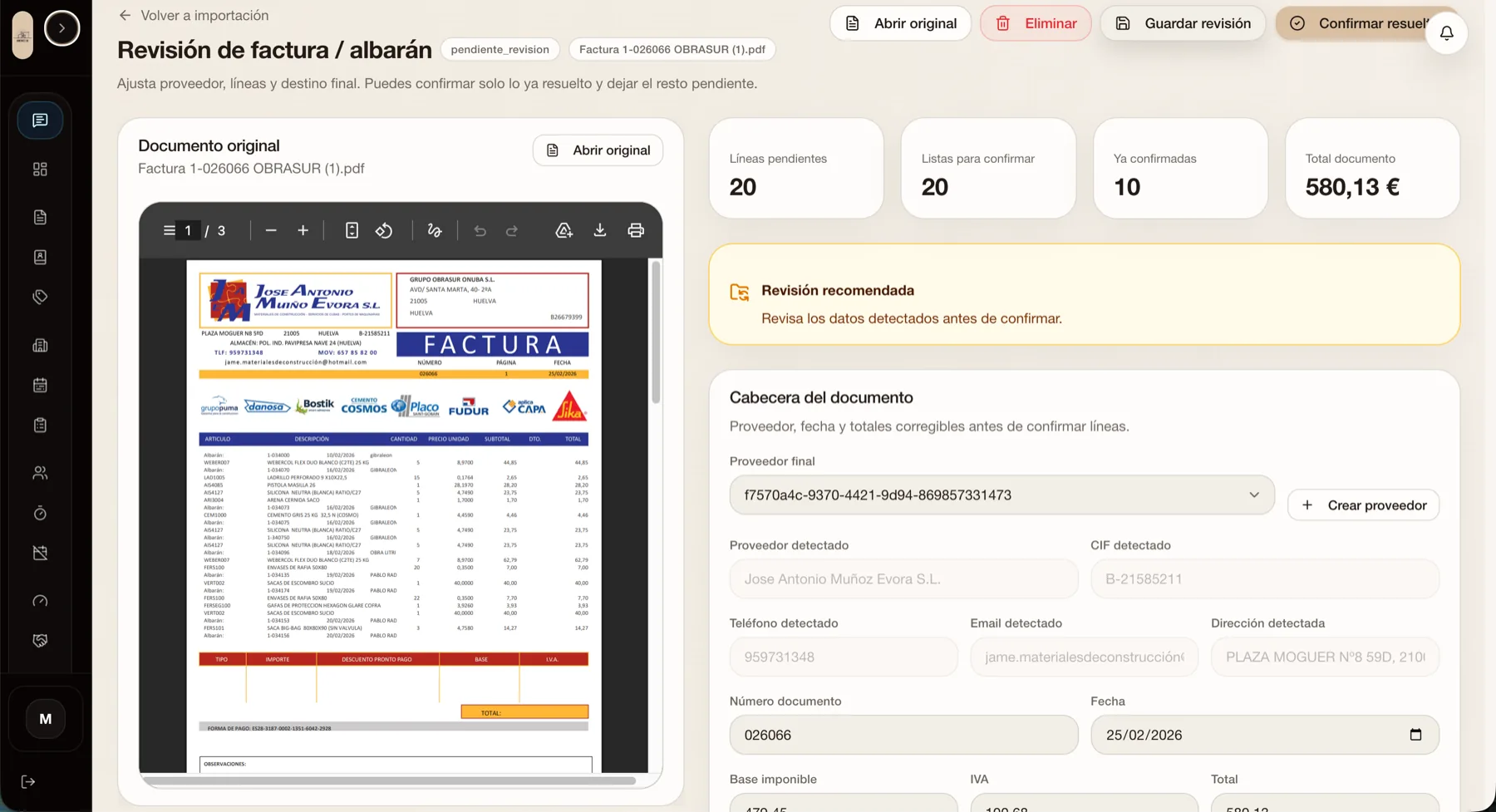 Revisión OCR de factura con proveedor, líneas, importes y datos extraídos