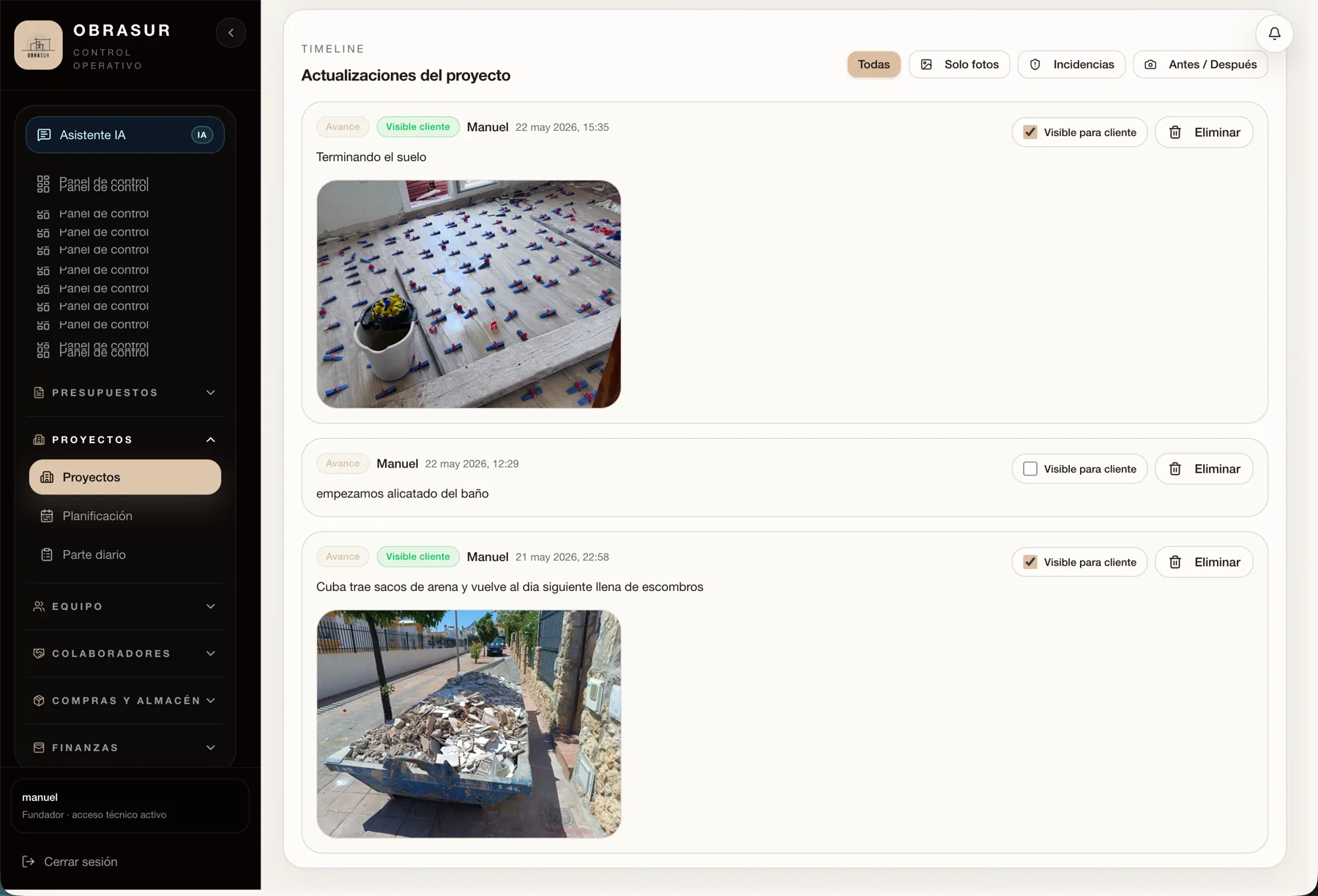 Actualizaciones de obra en GremIA con fotos y visibilidad para cliente