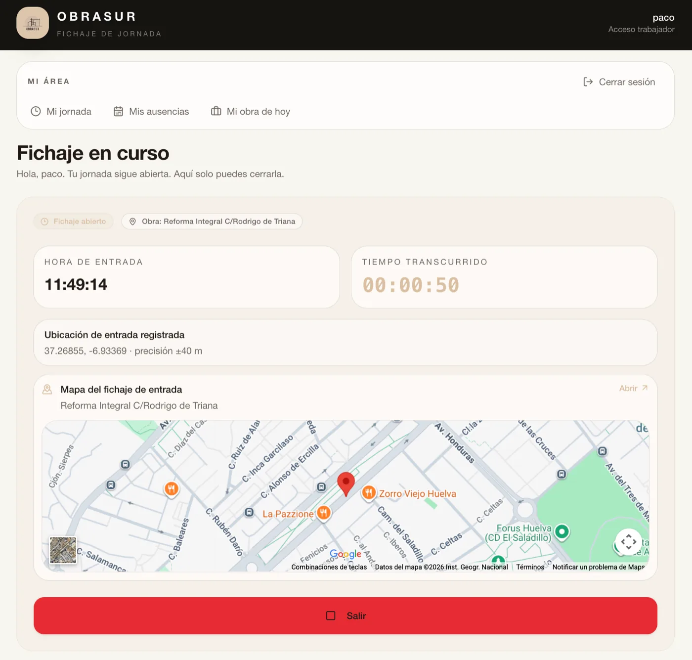 Pantalla de fichaje geolocalizado en GremIA desde el móvil